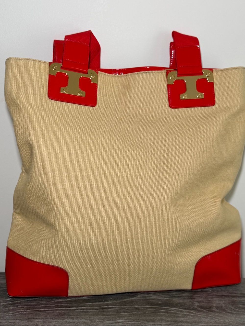 Tory Burch Beige Canvas Tote with Red Patent Accents
